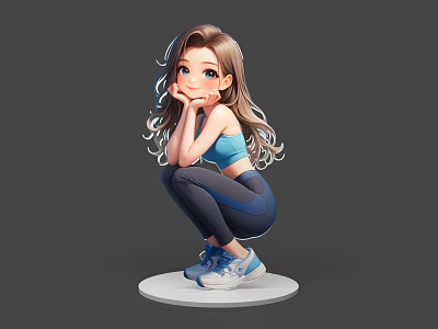 Cute Game Movie Character With Long Curly Hair Blue Sports Bra Dark Leggings Squatting Pose 3d model