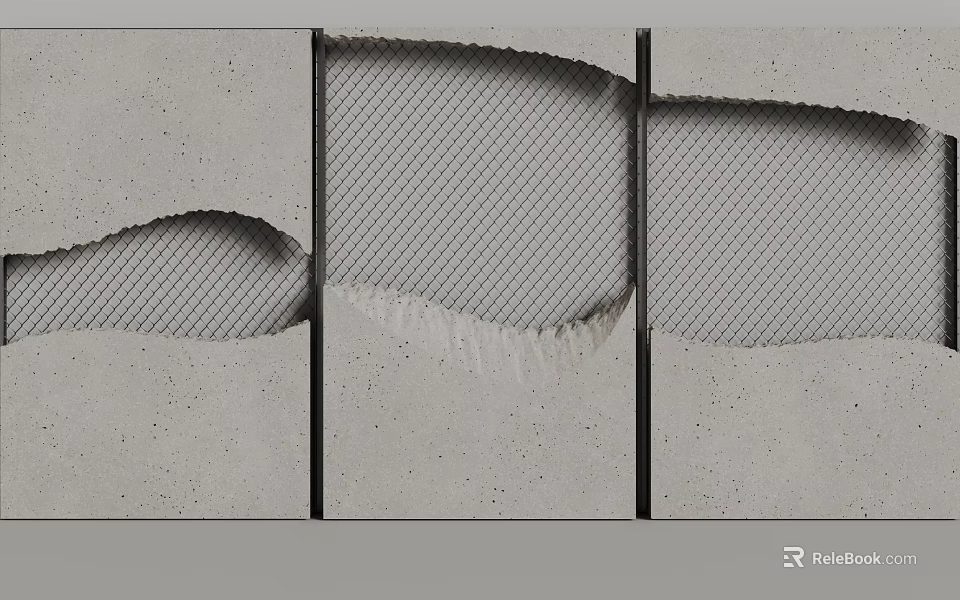 Gray Wall Surface with Damaged Areas Exposing Grid Structure and Cracks 3d model 
