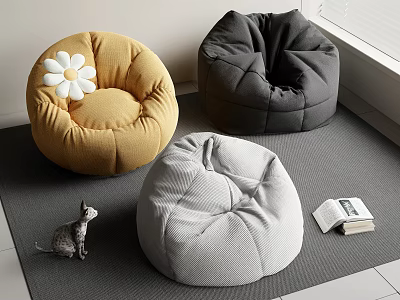 Cozy Yellow Gray White Bean Bag Chairs Featuring Flower Decoration and Cat by Books 3d model