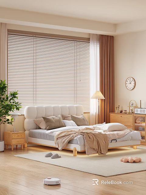 Soft Padded Double Bed With Natural Solid Wood Frame For Bright Warm Cozy Bedroom Interior 3d model 