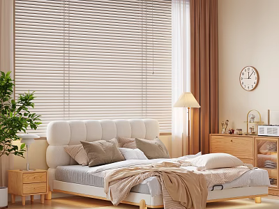 Soft Padded Double Bed With Natural Solid Wood Frame For Bright Warm Cozy Bedroom Interior 3d model