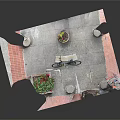 Bicycle Parked Near Stone Bench With Flower Pot And Red Blooms