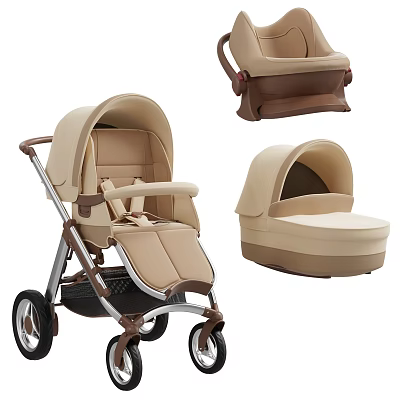 Luxury Baby Stroller With Beige Brown Car Seat And Comfortable Seat Unit 3d model