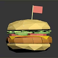 Low Poly Style Hamburger With Small Red Flag And Reflection On Dark Background