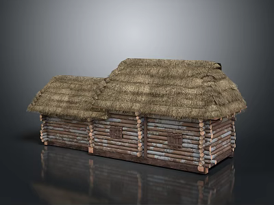 Traditional Log Cabin With Thatched Roof And Connected Log Wall Structures 3d model