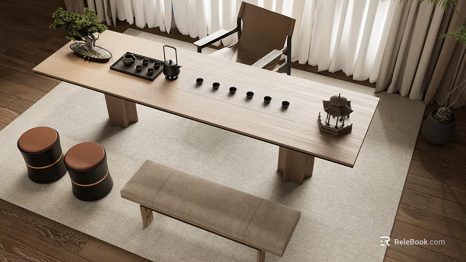 Modern Wooden Tea Table and Chairs with Tea Set Decorative Items Bench and Curtains 3d model 