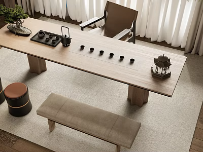 Modern Wooden Tea Table and Chairs with Tea Set Decorative Items Bench and Curtains 3d model