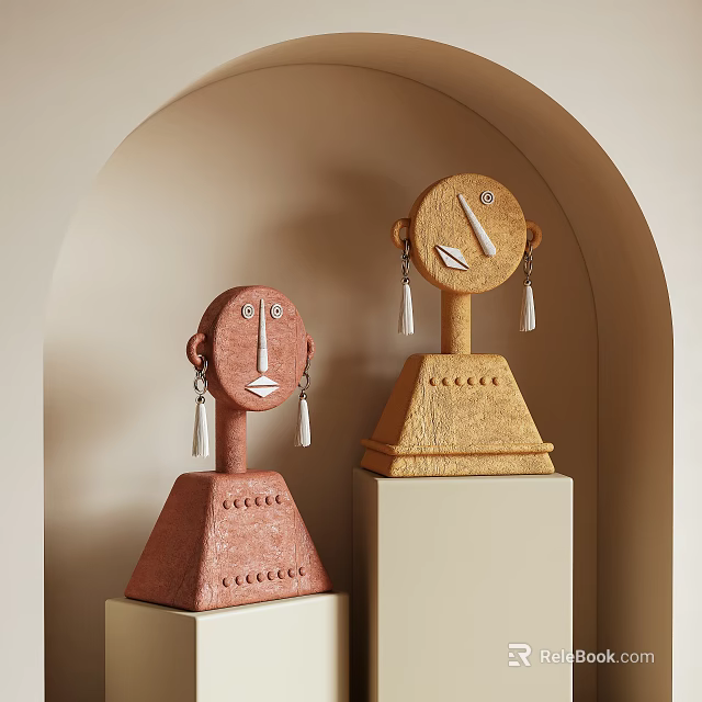Face Shaped Decorative Ornament Set With Red Gold Figurines On Pedestals 3d model 