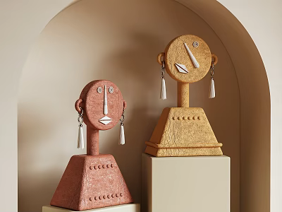 Face Shaped Decorative Ornament Set With Red Gold Figurines On Pedestals 3d model