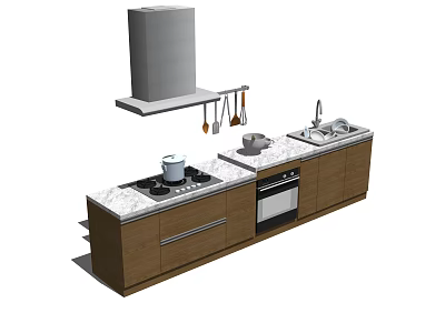 Modern Kitchen Brown Wooden Cabinets With Marble Countertop Stove Sink Range Hood And Hanging Utensils 3d model
