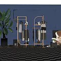 Golden Coat Racks With Hanging Clothes Bags And Green Plant In Modern Decorative Wall Room