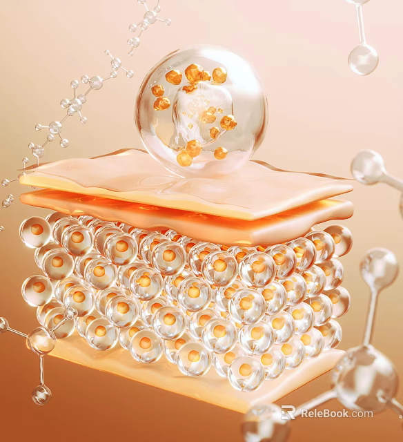 Advanced Skincare Essence With Transparent Sphere Orange Particles Pink Sheets And Molecular Structure 3d model 