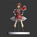 3D Anime Character Model With Red Hair Pink Dress And Flag Standing On White Base
