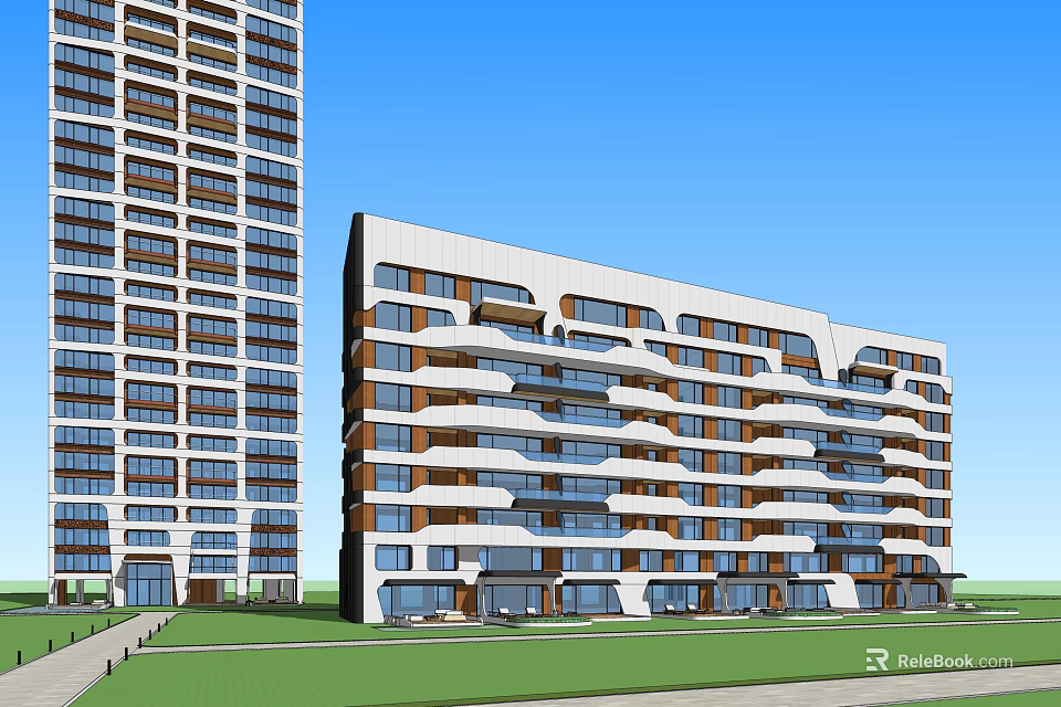 Modern High Rise Residential Buildings With Unique Balcony Design And Green Lawn 3d model 