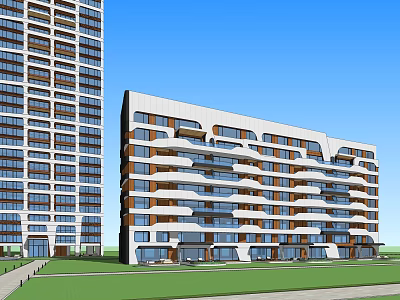 Modern High Rise Residential Buildings With Unique Balcony Design And Green Lawn 3d model