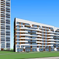Modern High Rise Residential Buildings With Unique Balcony Design And Green Lawn