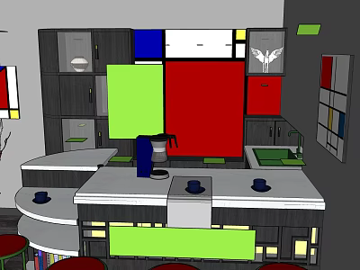 Vibrant Café Interior Design With Colorful Decor Bar Counter Red Stools And Bookshelves 3d model