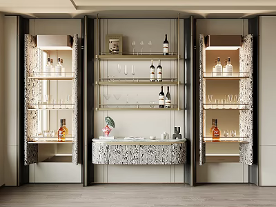 Luxurious Modern Wine Cabinet With Glass Doors Marble Countertop And Display Shelves 3d model