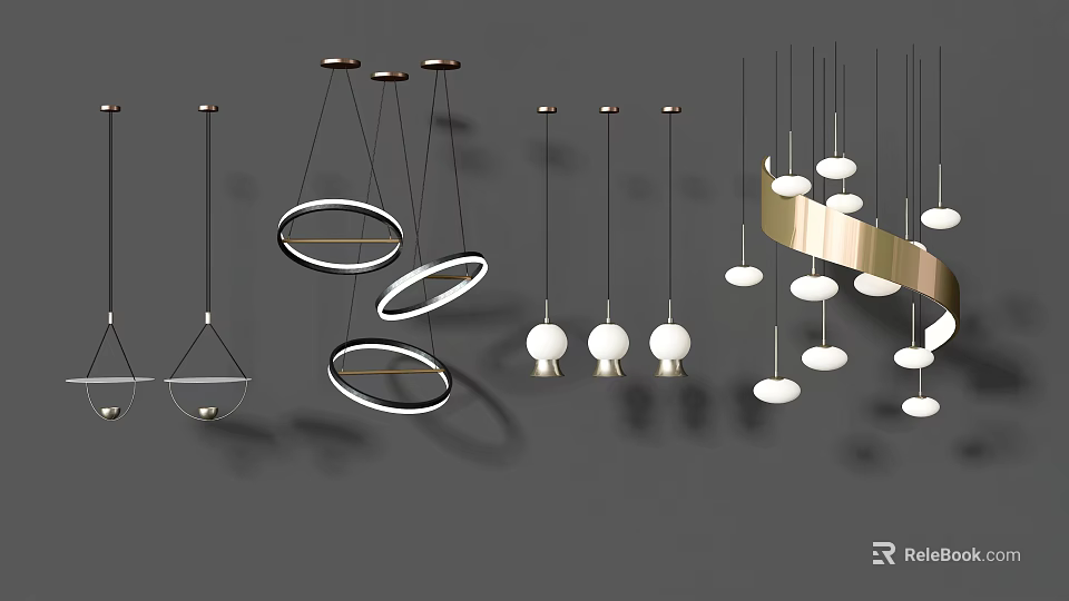 Modern Pendant Lights With Various Circular Ring And Spherical White Shade Designs 3d model 