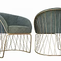 Modern Single Sofa With Gray Fabric And Gold Metal Geometric Frame Design