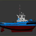 Blue and Red Tugboat With White Superstructure Antenna and Deck Gear