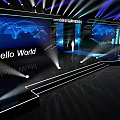Elegant Tech Summit Stage With Purple Lighting Screens Global Map And Hello World 3d model