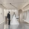 Modern Open Bridal Shop with Hanging Wedding Dresses Bride in Gown Groom in Suit Inside