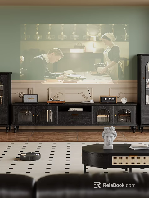 Vintage Black TV Stand With Glass Doors Storage And Decorative Ornaments On Retro Background 3d model 