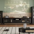 Vintage Black TV Stand With Glass Doors Storage And Decorative Ornaments On Retro Background