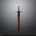 Medieval Sword With Red Blade And Ornate Hilt Isolated On Dark Background
