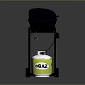 Black Outdoor Grill with Side Trays Wheeled Stand and Green White Gas Cylinder