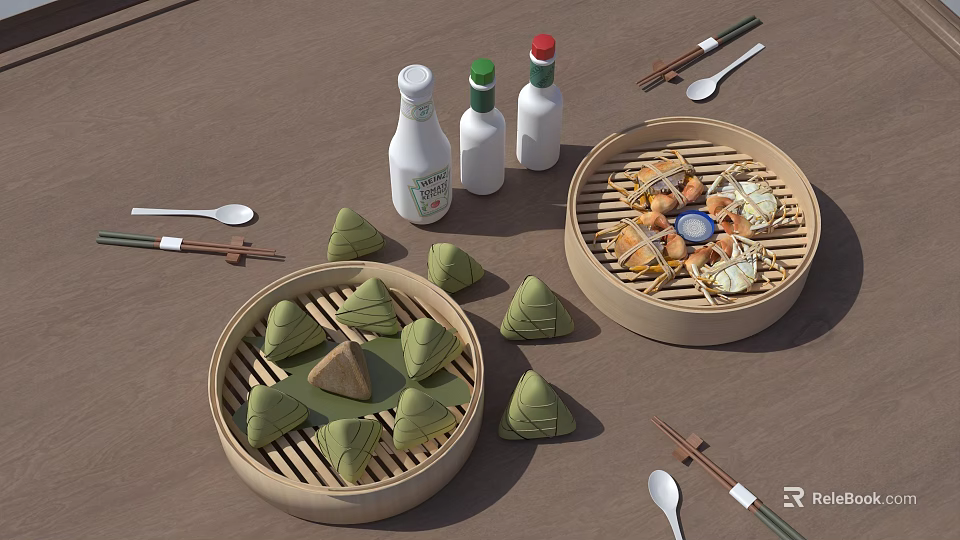 Traditional Chinese Food Display With Bamboo Steamers Glutinous Rice Dumplings Condiment Bottles Chopsticks And Spoons 3d model 
