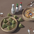 Traditional Chinese Food Display With Bamboo Steamers Glutinous Rice Dumplings Condiment Bottles Chopsticks And Spoons