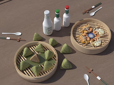 Traditional Chinese Food Display With Bamboo Steamers Glutinous Rice Dumplings Condiment Bottles Chopsticks And Spoons 3d model