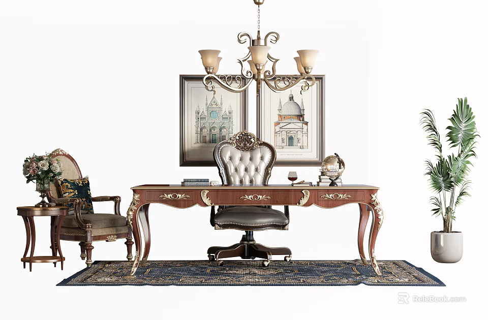 Vintage Classic Wooden Desk With Upholstered Chair Framed Paintings Chandelier And Rug 3d model 
