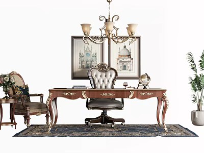 Vintage Classic Wooden Desk With Upholstered Chair Framed Paintings Chandelier And Rug 3d model