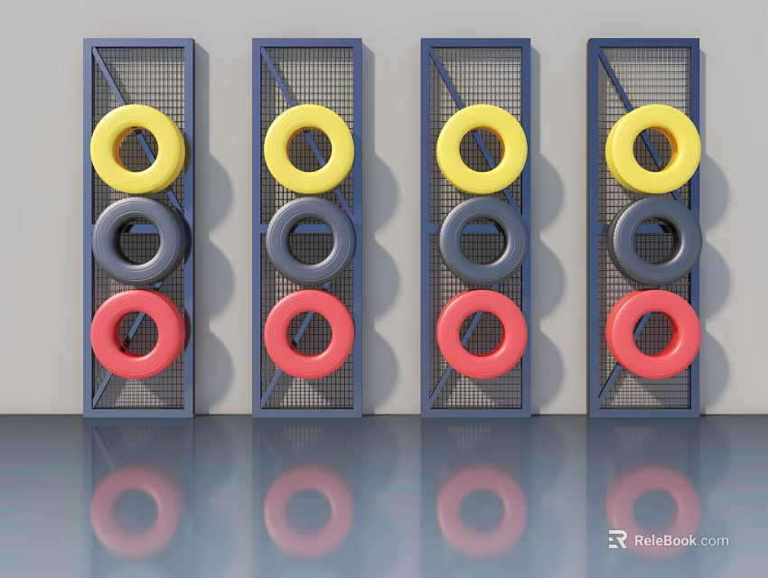 Modern Swing Doors With Metal Frame Decorated By Yellow Gray Red Rings And Wall Background Design 3d model 