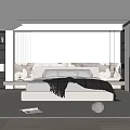 Modern Minimalist Bedroom Interior With White Bed Accent Wall Strip Lights And Area Rug
