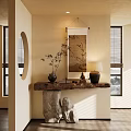 Traditional Chinese Entryway With Wooden Table Bamboo Scroll Painting Lamp Round Doorway And Soft Light