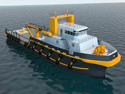 Wooden Boat With Yellow Crane And Wheelhouse Sailing On Open Sea 3d model