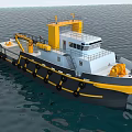 Wooden Boat With Yellow Crane And Wheelhouse Sailing On Open Sea