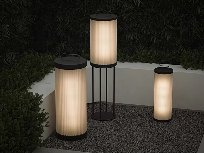Three Cylindrical Outdoor Floor Lamps With Black Base Translucent Striped Shade In Garden 3d model