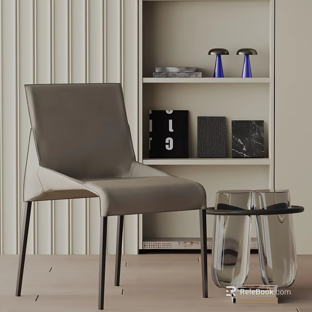 Gray Leather Dining Chair With Black Metal Legs Against White Striped Wall And Bookshelf Decor 3d model 