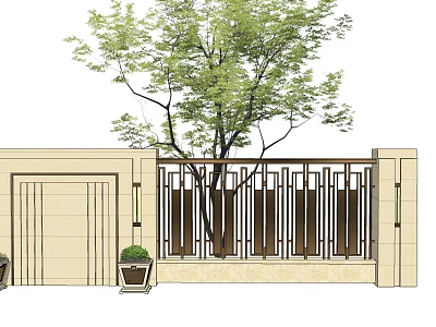 Building Exterior Wall Design with Beige Surface Vertical Slat Railing Green Tree and Decorative Planter 3d model
