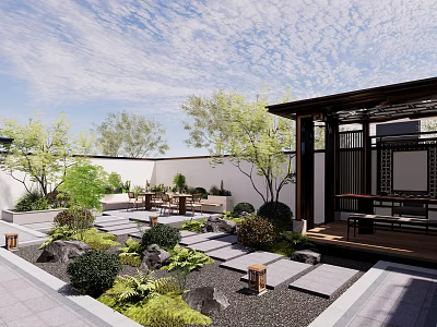 Traditional Chinese Garden Landscape With Stone Paths Rocks Green Plants And Wooden Pavilion 3d model