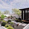Traditional Chinese Garden Landscape With Stone Paths Rocks Green Plants And Wooden Pavilion