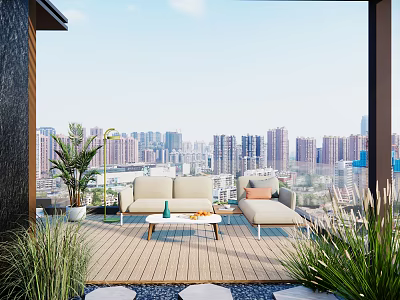 Leisure Sofa Combination on Outdoor Terrace with City Skyline View Side Table and Potted Plants 3d model