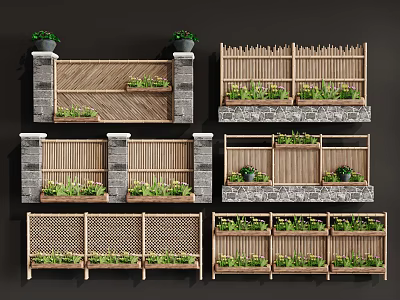 Multiple Scenic Garden Wall Designs With Wooden Panels Stone Bases And Planted Greenery 3d model