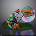 Colorful Mechanical Fantasy Scene With Green Frog Orange Device And Rainbow Colored Bubble On Grass