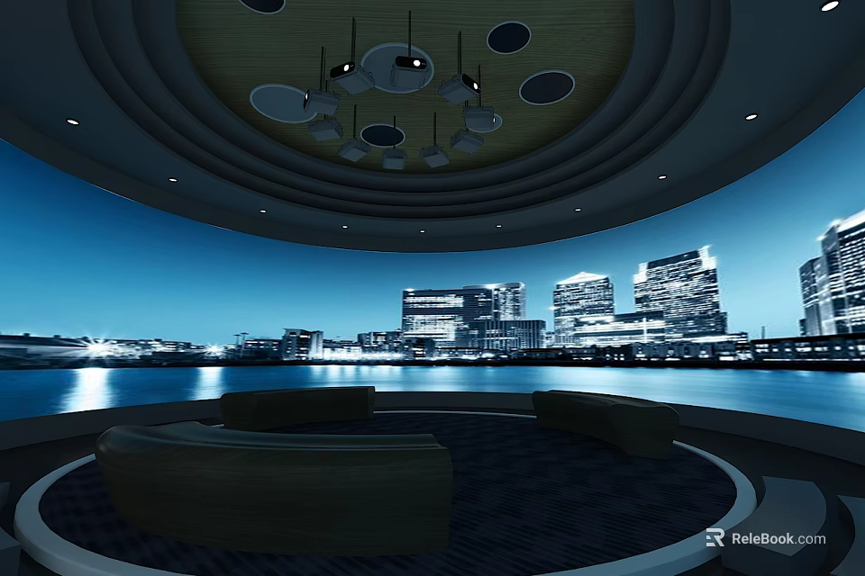 Modern Cinema Interior With Circular Design Sofa Seats Ceiling Lights And City Night View 3d model 